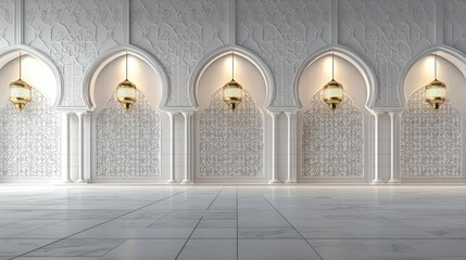Fototapeta premium Elegant Islamic architecture interior; arches, lanterns, marble floor. Background for prayer, meditation, or design