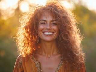 Woman with curly hair laughing in the sunlight, the natural glow highlighting her joyful expression with a soft, blurred background.