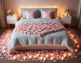 a romantic scene featuring a cozy bed adorned with soft, pastel-colored bedding and scattered rose petals