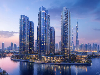 Fototapeta premium Stunning skyline view of modern skyscrapers at twilight.