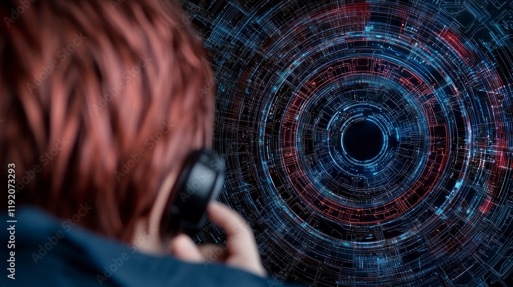 Poster futuristic data technology person viewing abstract network interface