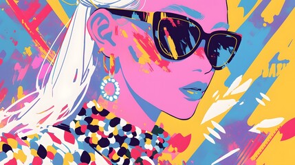 Pop art-inspired fashion model with sunglasses, vibrant patterns in the background.