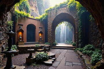 Fototapeta premium A Serene And Mystical Garden Scene Featuring A Stone Archway With Lush Greenery Surrounded By Statues Of Buddha And Other Religious Figures Creating A Peaceful Atmosphere