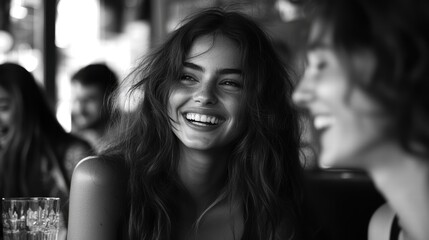 Obraz premium A long-haired woman is laughing with her friends in a coffee shop, surrounded by a cheerful atmosphere.