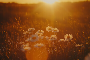 Obraz premium Field of Daisies at Sunset – Blooming White Flowers in Golden Hour Light