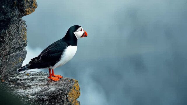 Puffin perched on cliff edge overlooking ocean, embodying nature's beauty and wildlife in a serene coastal landscape