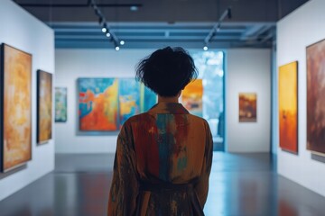 Woman with short hair, dressed in a stylish outfit, walking through a modern art gallery, with...