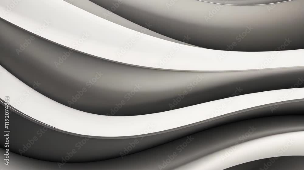 Poster dynamic abstract composition showcasing smooth curves and layers in monochrome tones, suggesting flu