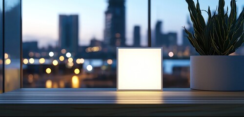 White LED light boxes on wood with a cityscape, perfect for minimalistic designs.