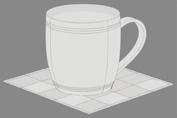 White ceramic mug, simple design, cylindrical shape, smooth surface, plain handle, 3D render, studio lighting, gray background, grid pattern floor, minimalist aesthetic, product photography, high deta