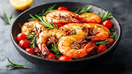 Grilled shrimp, cherry tomatoes, rosemary. Mediterranean cuisine. Food photography for recipe blogs, cookbooks, restaurant menus