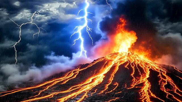 Volcano erupts fiercely under stormy skies with lightning illuminating the dramatic landscape