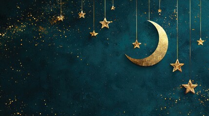 Golden crescent moon and stars hang against a dark teal background; festive, celebratory backdrop