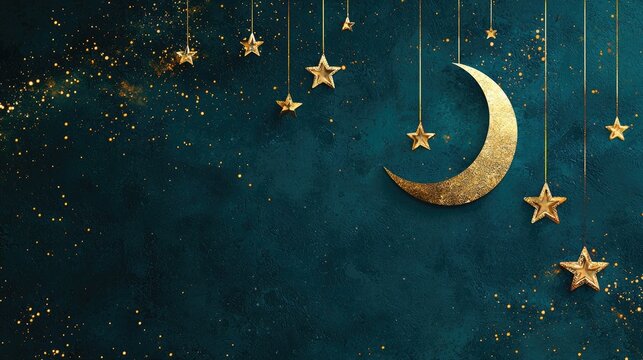 Golden crescent moon and stars hang against a dark teal background; festive, celebratory backdrop