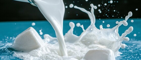 Milk Splash  Pouring Dairy  Creamy Liquid  White  Blue Background