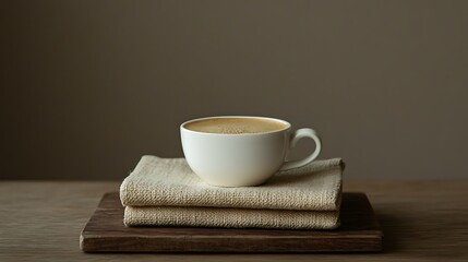 Latte art coffee cup on wood tray, calm background. Perfect for cafe menu