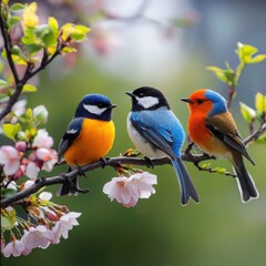 Obraz premium Colorful birds perched on blossoming branches springtime nature scene creative photography vibrant environment close-up view songbird harmony