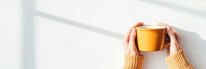 Serene Minimalist Mug Display Warm Yellow Ceramic and Textured Knit for Mindfulness Marketing - Self-Care Promotion and Lifestyle Branding