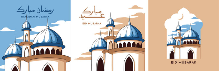 Ramadan mubarak and eid mubarak vector square banner poster with mosque illustration