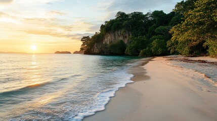Seaside scene at sunset with golden light and gentle waves on a sandy beach