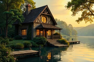 Fototapeta premium A Serene Lake House With A Dock And Lush Greenery In The Background
