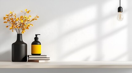 Minimalist home decor yellow flowers in black vase, dispenser, books, light bulb, white wall, sunlight.