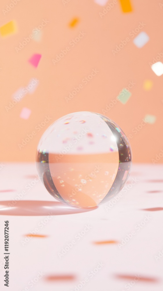 Poster futuristic crystal ball display transparent sphere with geometric hues on pink surface - digital for
