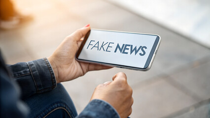 hand holding smartphone with inscription on screen - Fake News - close-up

