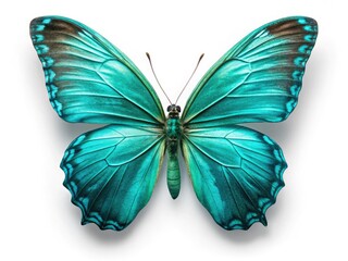 Fototapeta premium Stunning turquoise butterfly aerial shot, isolated, high-resolution image, white background, clipping path included.