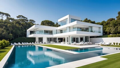 Fototapeta premium Modern White Villa with Infinity Pool and Lush Green Surroundings