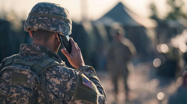 Soldier in Uniform Using Smartphone on Military Base at Dusk