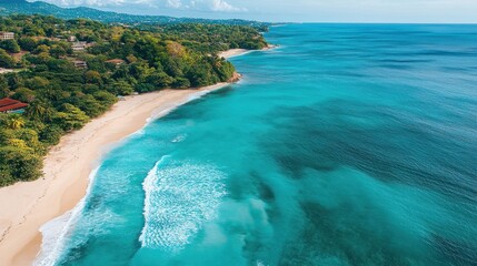 Aerial view of a tropical beach with turquoise water and lush green hills along the coastline