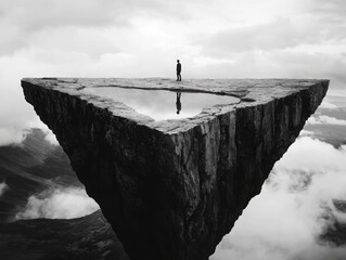 Existential reflection a solitary figure on a surreal triangular plateau remote mountain landscape black and white conceptual photography