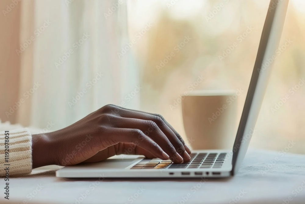 Aufkleber sunlit minimalist hybrid office focused typing on sleek laptop, cozy coffee and notebook setup - dig