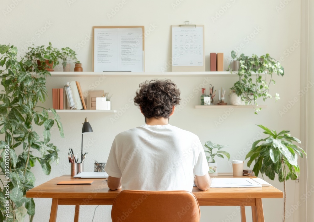 Poster modern minimalist workspace young adult in smart casual setting with digital planning tools and wood