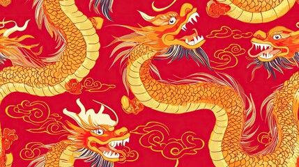 Obraz premium Golden dragons swirling amidst clouds on red background; Asian art design