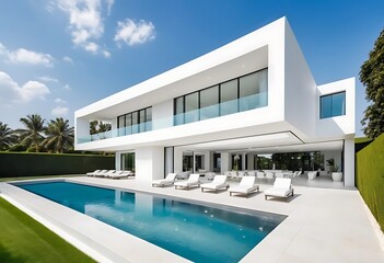 Modern White House with Infinity Pool and Lush Landscaping