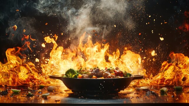 Fiery cooking showdown talented chefs compete in an intense culinary battle kitchen arena action photography dynamic environment close-up view culinary excellence