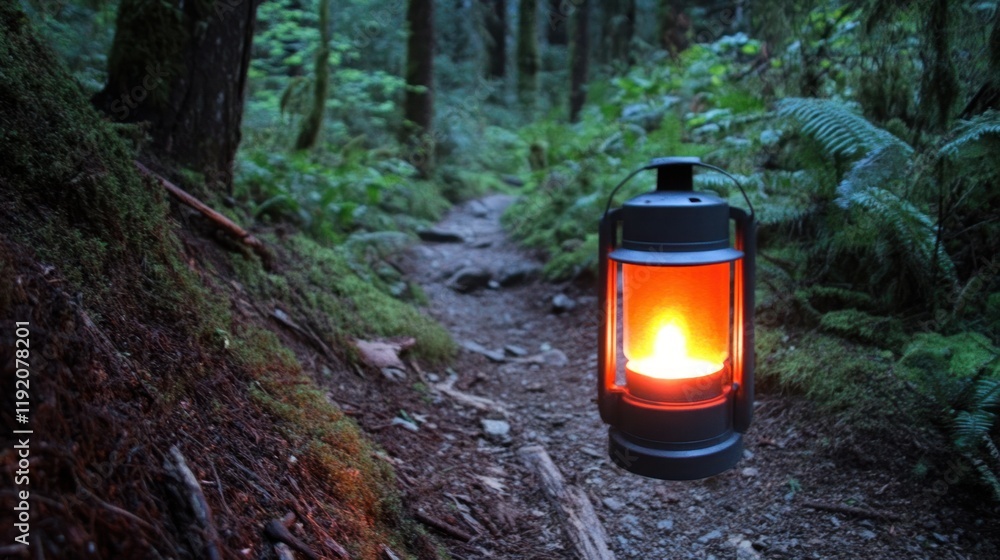 Aufkleber illuminated lantern path in a dark forest.