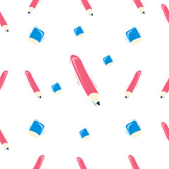A cheerful and colorful seamless pattern featuring pencils and erasers scattered across a white background. Seamless pattern background. Pencil and Eraser seamless pattern