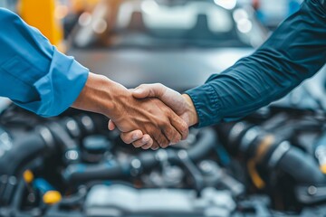 Close up of a man shaking hands with a mechanic in a car workshop