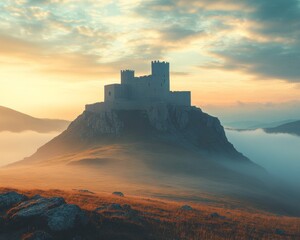 Obraz premium Rustic Fortress Aesthetics Stone-Crafted Heritage Landmark in Morning Fog - Cinematic Tourism and Cultural Branding for Historical Travel Campaigns