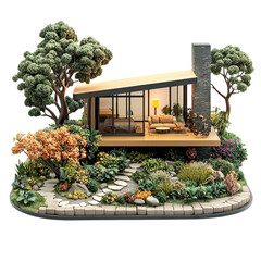 Modern House Model with Garden Design Featuring Pathway, Trees, and Flowers on Transparent Background