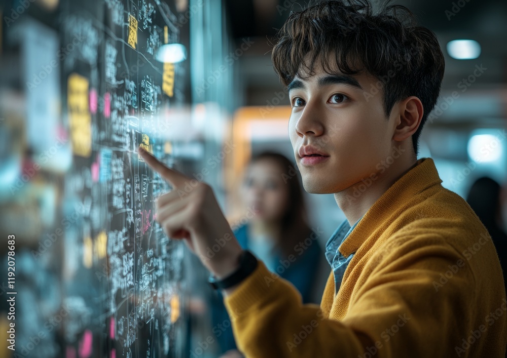 Poster interactive idea presentation young asian male in modern office collaborating on glass board for bus