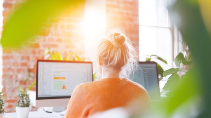 Industrial-Chic Tech Hub Collaborative Team in Exposed Brick Workspace with Analytics Screens - Boosting Productivity and Innovation in Startup Environments