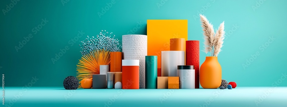 Poster a visually striking abstract composition featuring a variety of geometric shapes textures and colors