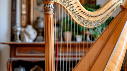 Elegant harp displayed on ornate stand in cozy interior setting