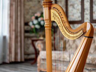Elegant harp centerpiece in vintage living room with floral decor