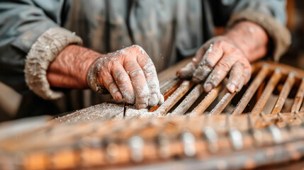 Craftsman adjusting fine details on vintage wooden piece, showcasing skill