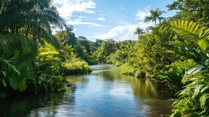 Fototapeta premium Lush Green Jungle River with Palm Trees and Blue Sky with white clouds